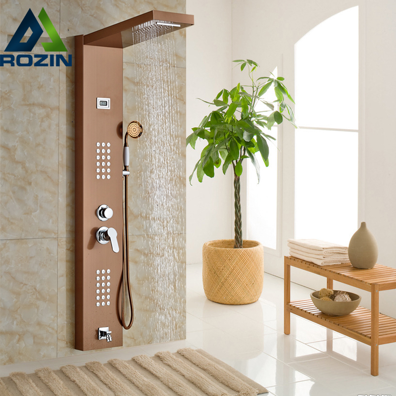 rose golden rainfall shower panel set with massage system faucet with jets with hand shower tower shower column