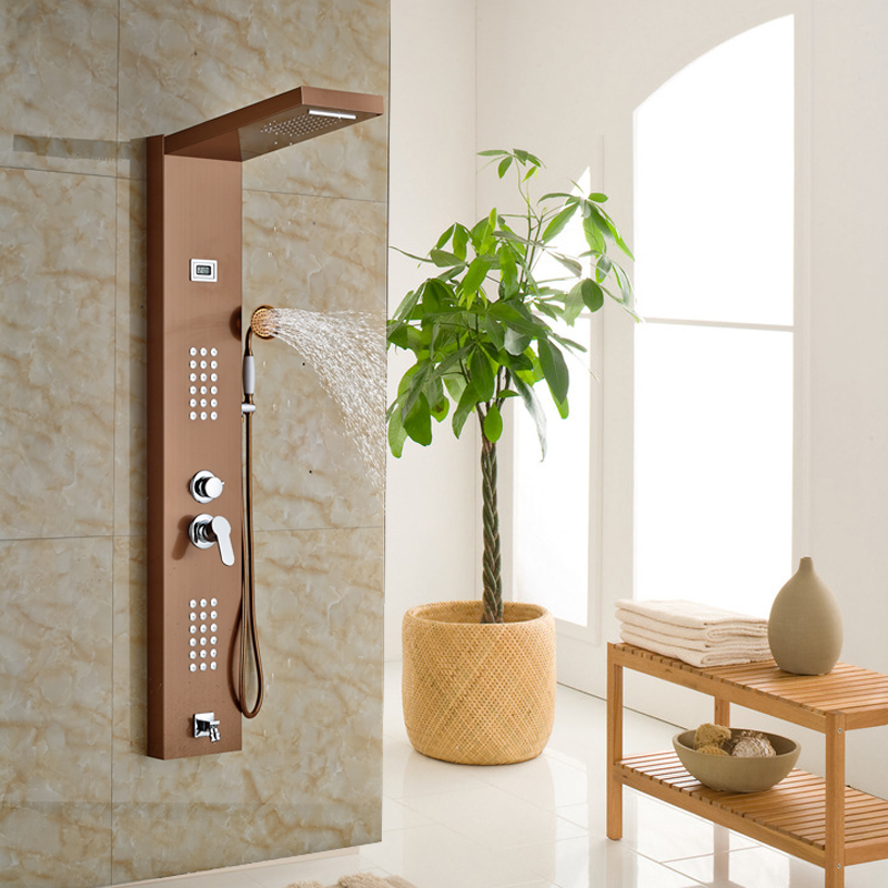 rose golden rainfall shower panel set with massage system faucet with jets with hand shower tower shower column