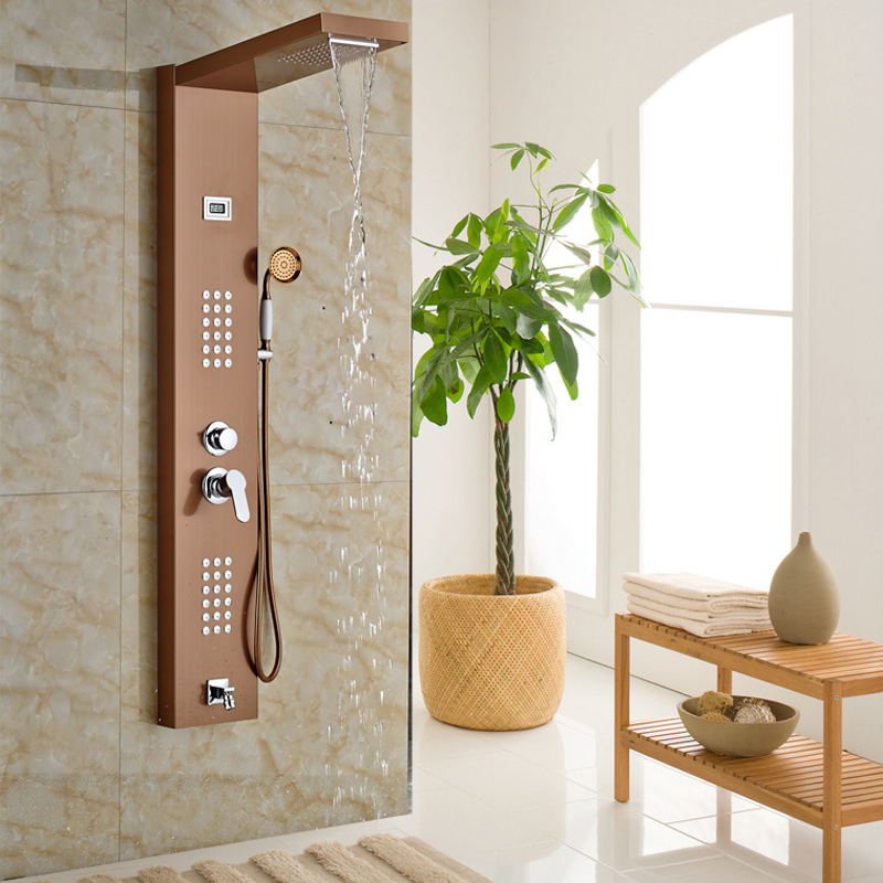 rose golden rainfall shower panel set with massage system faucet with jets with hand shower tower shower column