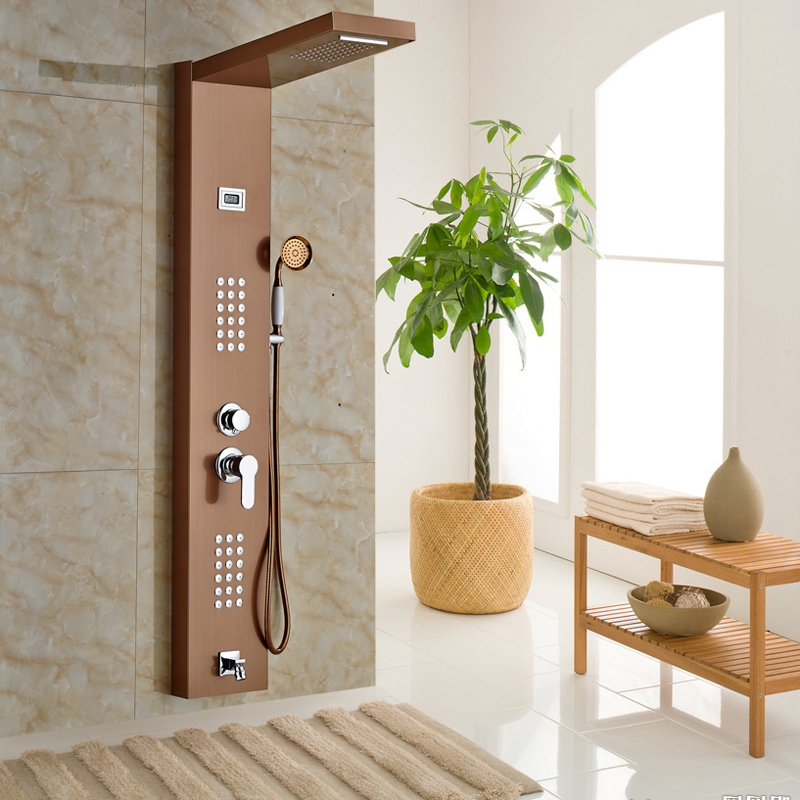 rose golden rainfall shower panel set with massage system faucet with jets with hand shower tower shower column