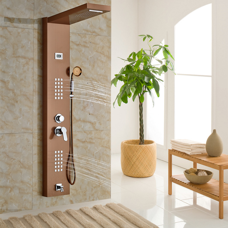 rose golden rainfall shower panel set with massage system faucet with jets with hand shower tower shower column