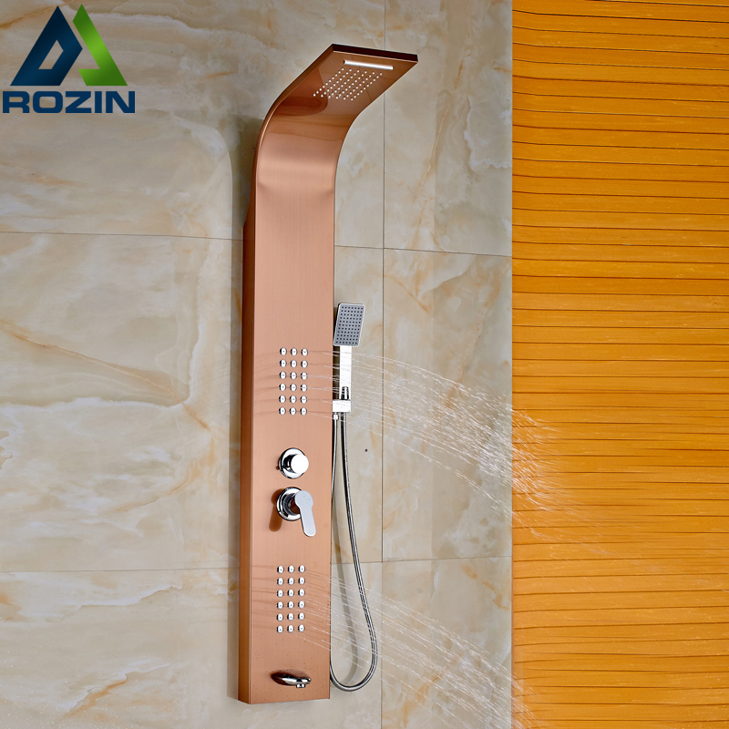 rose golden single lever bath & shower column wall mounted rainfall waterfall shower head body massage jets and handshower