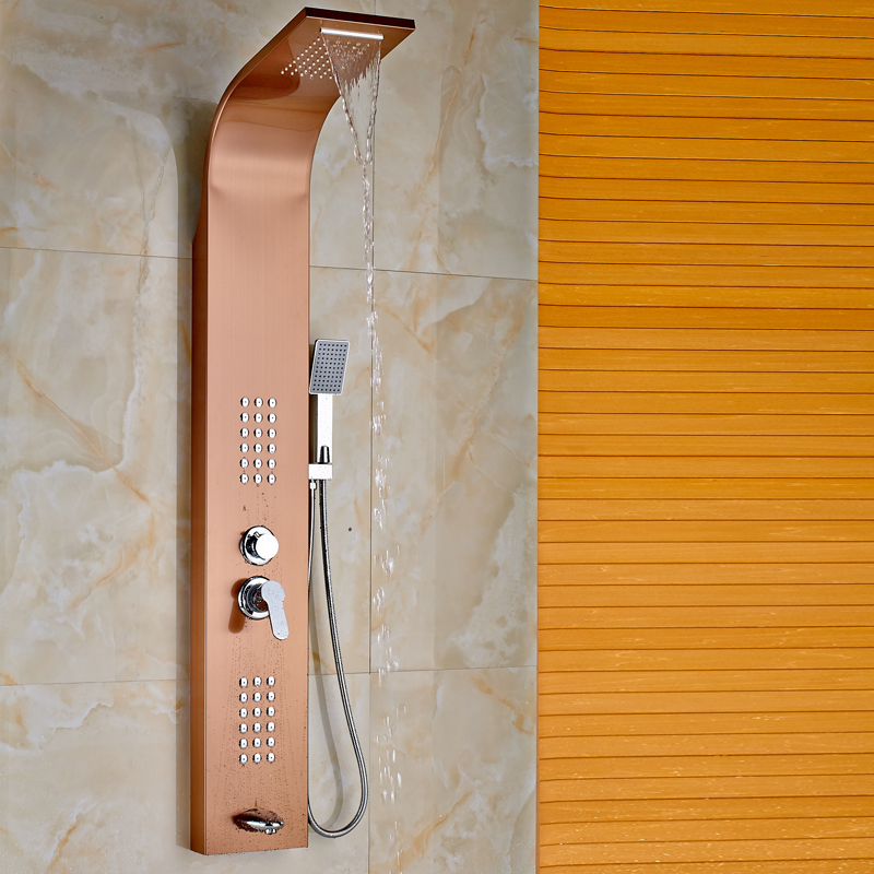 rose golden single lever bath & shower column wall mounted rainfall waterfall shower head body massage jets and handshower