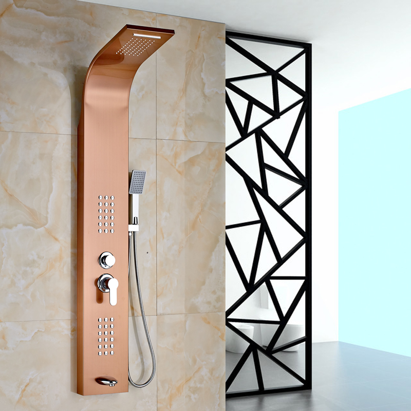 rose golden single lever bath & shower column wall mounted rainfall waterfall shower head body massage jets and handshower