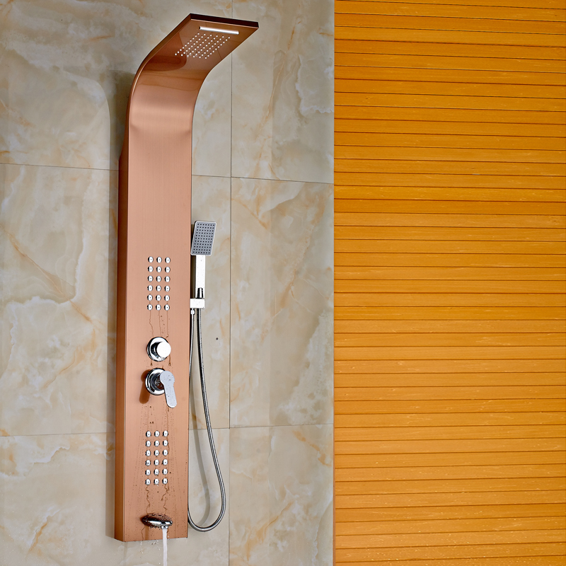 rose golden single lever bath & shower column wall mounted rainfall waterfall shower head body massage jets and handshower