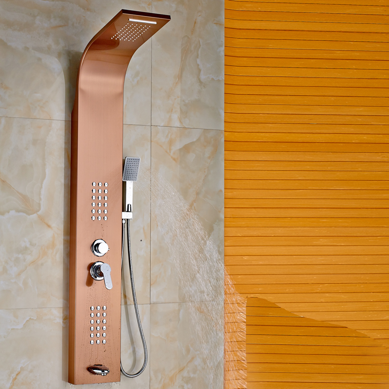 rose golden single lever bath & shower column wall mounted rainfall waterfall shower head body massage jets and handshower