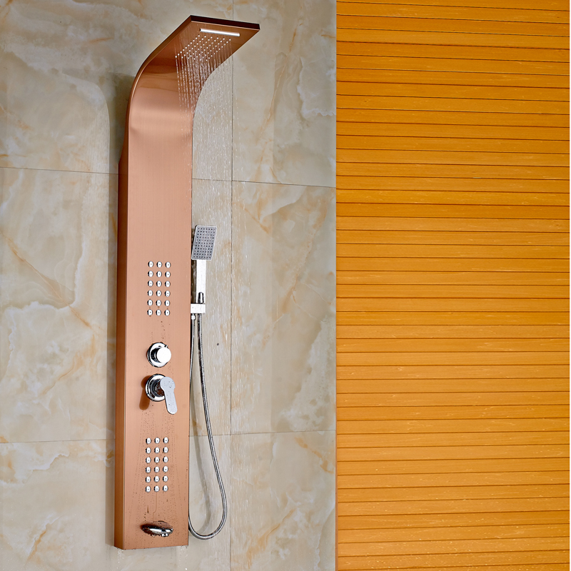 rose golden single lever bath & shower column wall mounted rainfall waterfall shower head body massage jets and handshower