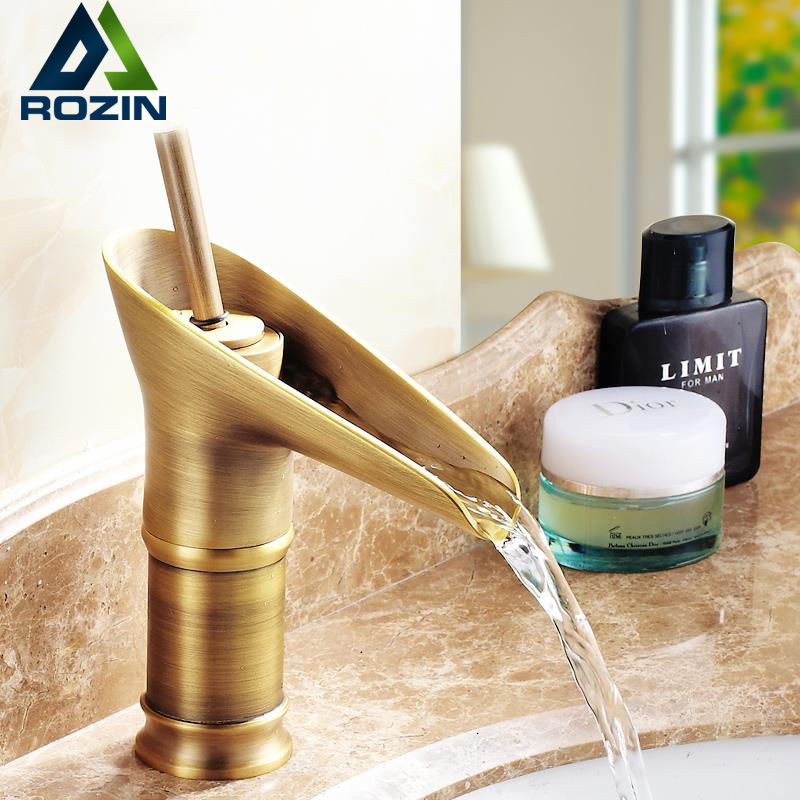 single handle bathroom vessel sink basin mixer faucet antique brass waterfall and cold water taps