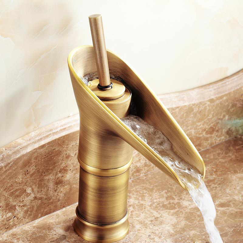 single handle bathroom vessel sink basin mixer faucet antique brass waterfall and cold water taps