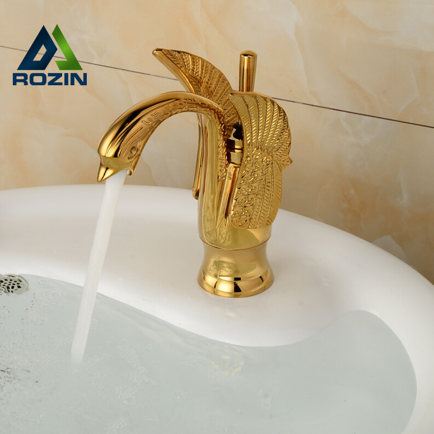 swan shape single hole basin sink faucet deck mount single lever bathroom mixer tap in golden