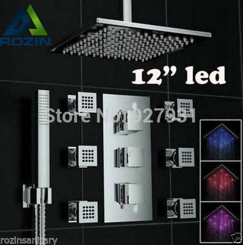 thermostatic mixer valve color changing led concealed install rainfall shower faucet with handheld + 6pcs sprayer massage jet