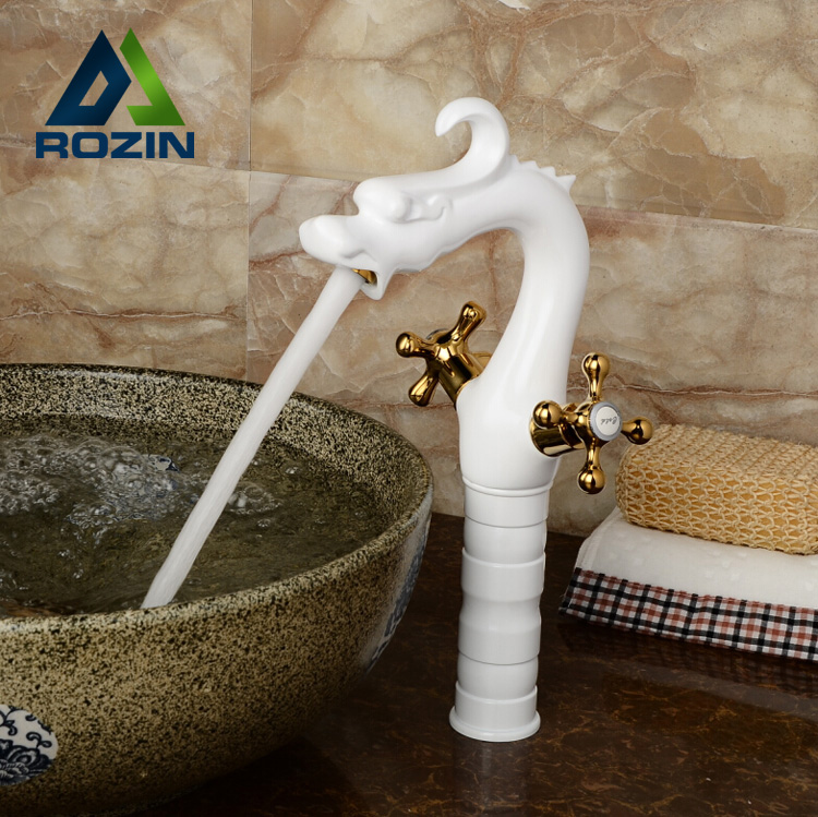 white brass countertop tall basin faucet deck mount bathroom dragon shape mixer tap dual cross handle one hole