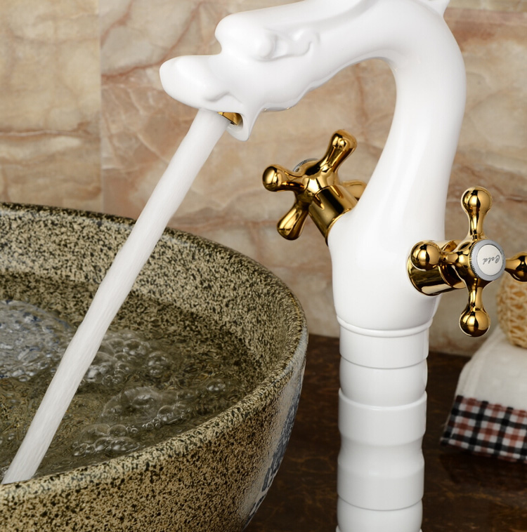 white brass countertop tall basin faucet deck mount bathroom dragon shape mixer tap dual cross handle one hole