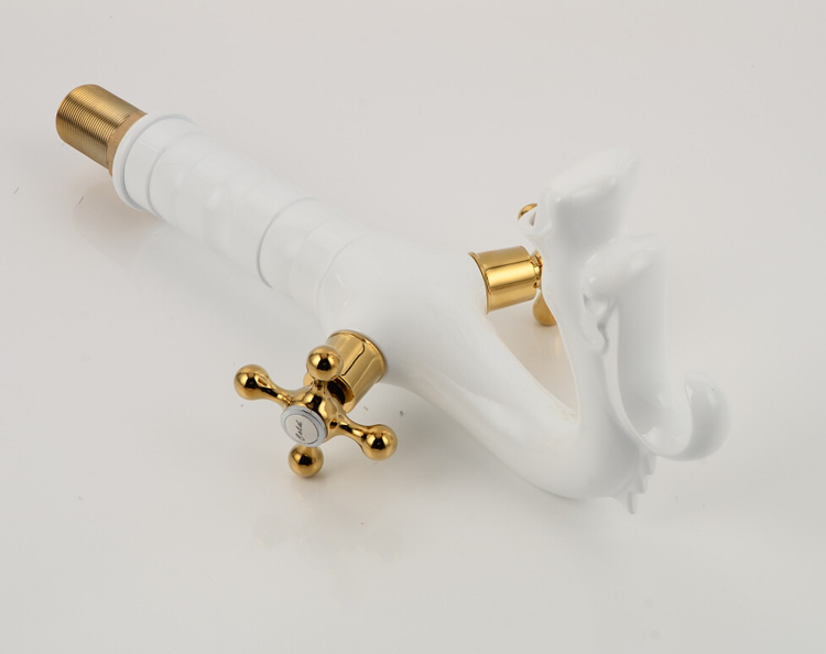 white brass countertop tall basin faucet deck mount bathroom dragon shape mixer tap dual cross handle one hole