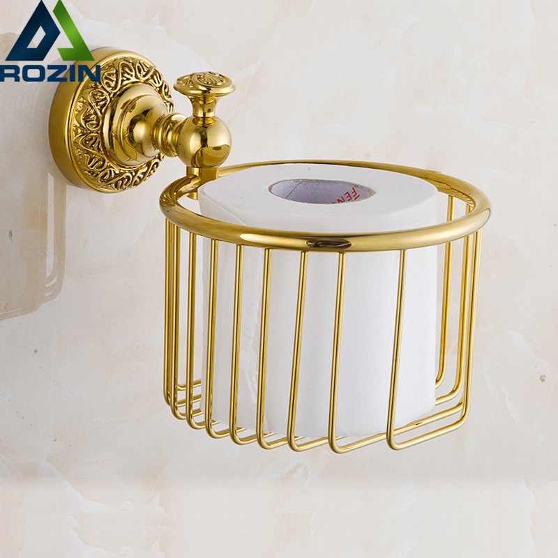 whole and retail wall mounted brass bathroom golden storage basket golden toilet paper holder