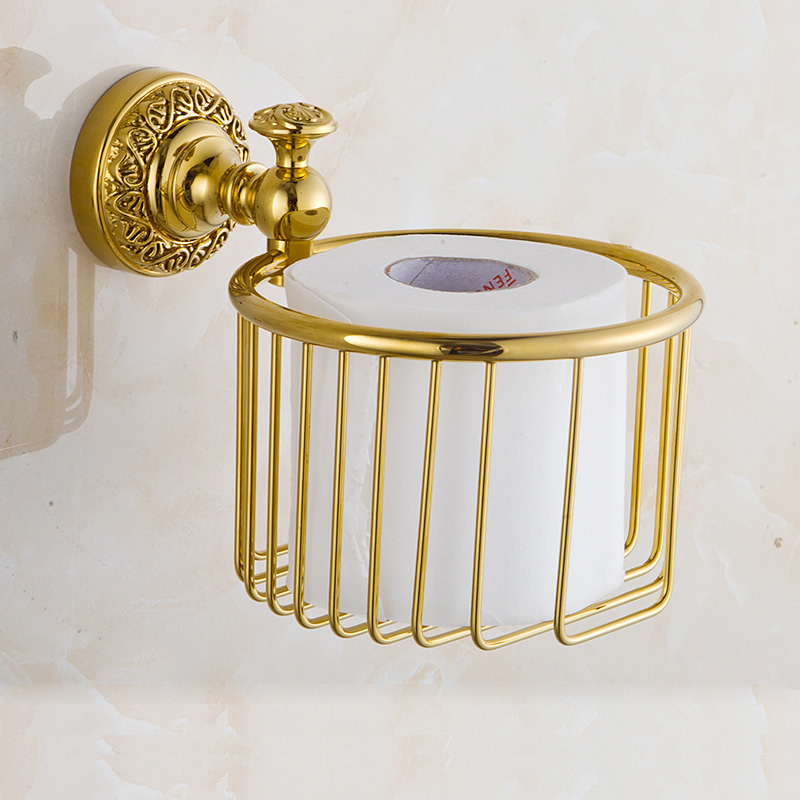 whole and retail wall mounted brass bathroom golden storage basket golden toilet paper holder