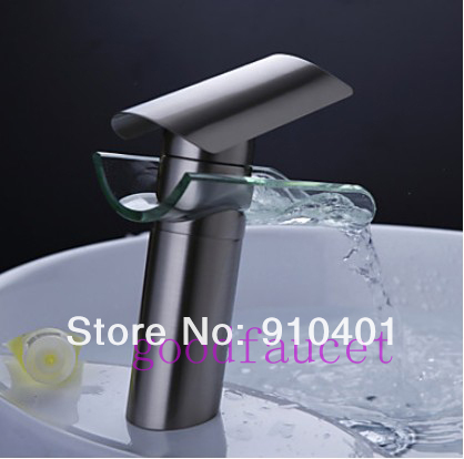 Waterfall Solid Brass  Brushed Nickel Bathroom Faucet  Glass Spout  Basin Faucet Sink Mixer  Tap