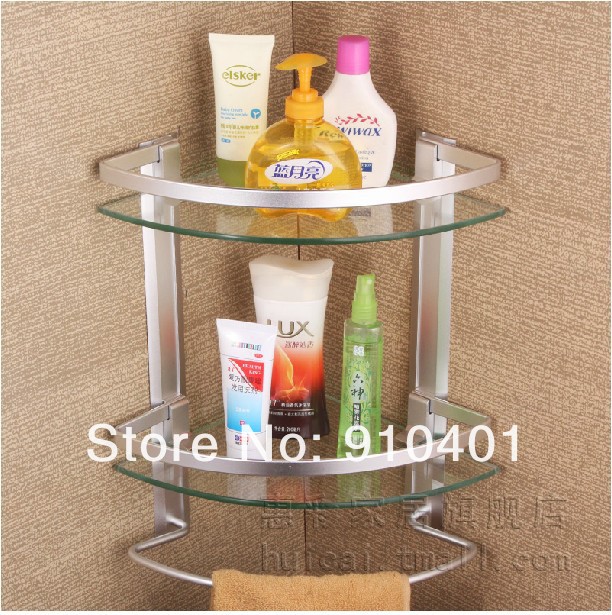 Wholesale And Retail Promotion Wall Mount Aluminium Bathroom Shower Cosmetic Glass Shelf Dual Tier W/Towel Bar