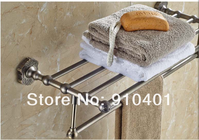 Wholesale And Retail Promotion Euro Antique Brass Flower Carved Towel Rack Bath Storage Shelf Towel Bar Holder
