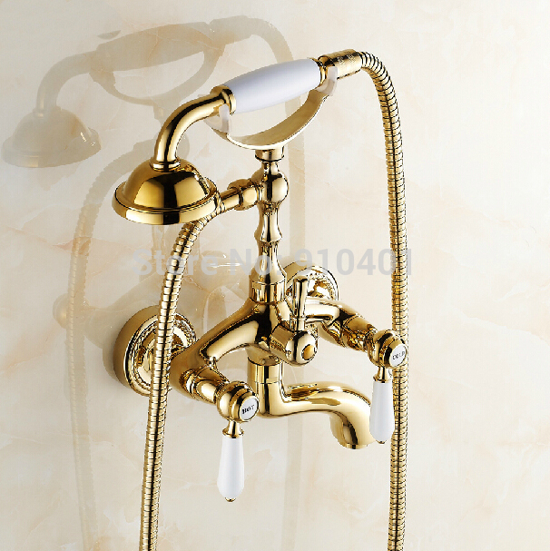 Wholesale And Retail Promotion Wall Mounted Golden Brass Tub Mixer Tap With Hand Shower Swivel Spout Faucet Tap