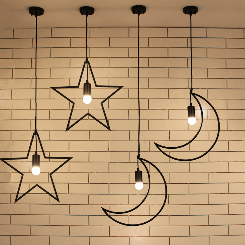 loft antique industrial moon star wrought iron metal e27 led pendant lights lamp cafe balcony hall bar children's room droplight