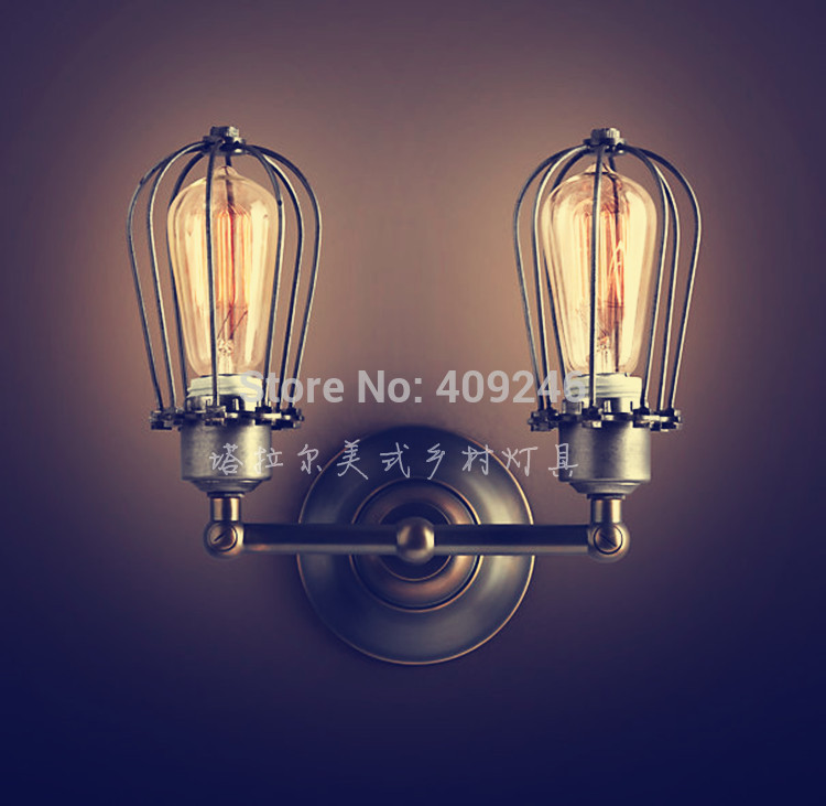 vertical double cage rh loft rare vintage industrial edison wall mirror lamp with e27 bulb light black paint rust ac110v or 220v