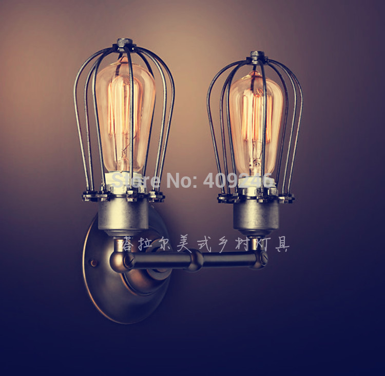 vertical double cage rh loft rare vintage industrial edison wall mirror lamp with e27 bulb light black paint rust ac110v or 220v