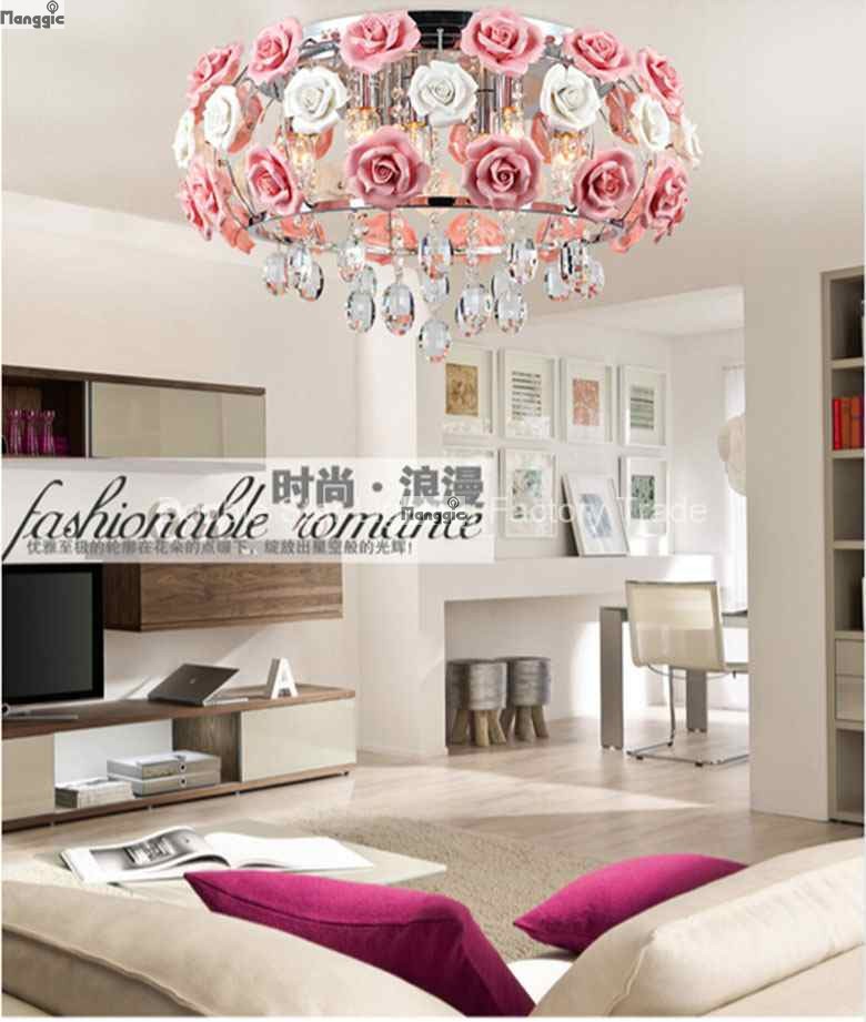 2016 korean garden minimalist led crystal chandelier hanging ceramic roses bedroom, living room lamps