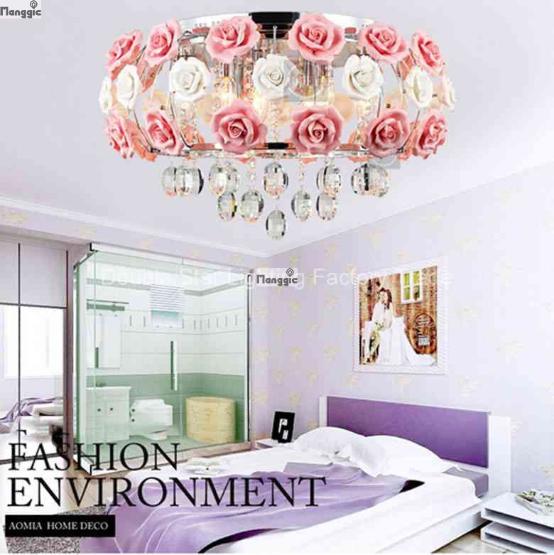 2016 korean garden minimalist led crystal chandelier hanging ceramic roses bedroom, living room lamps