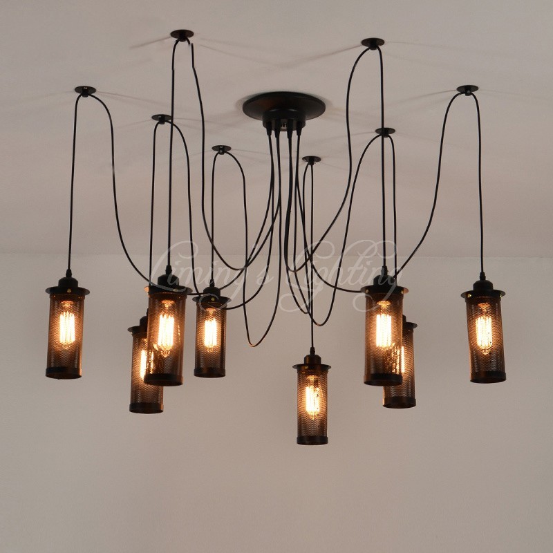 6/8/10/12 heads arm loft long cage edison chandelier 2*0.75mm pvc wire vintage iron cage pendants spider adjustabe fixture